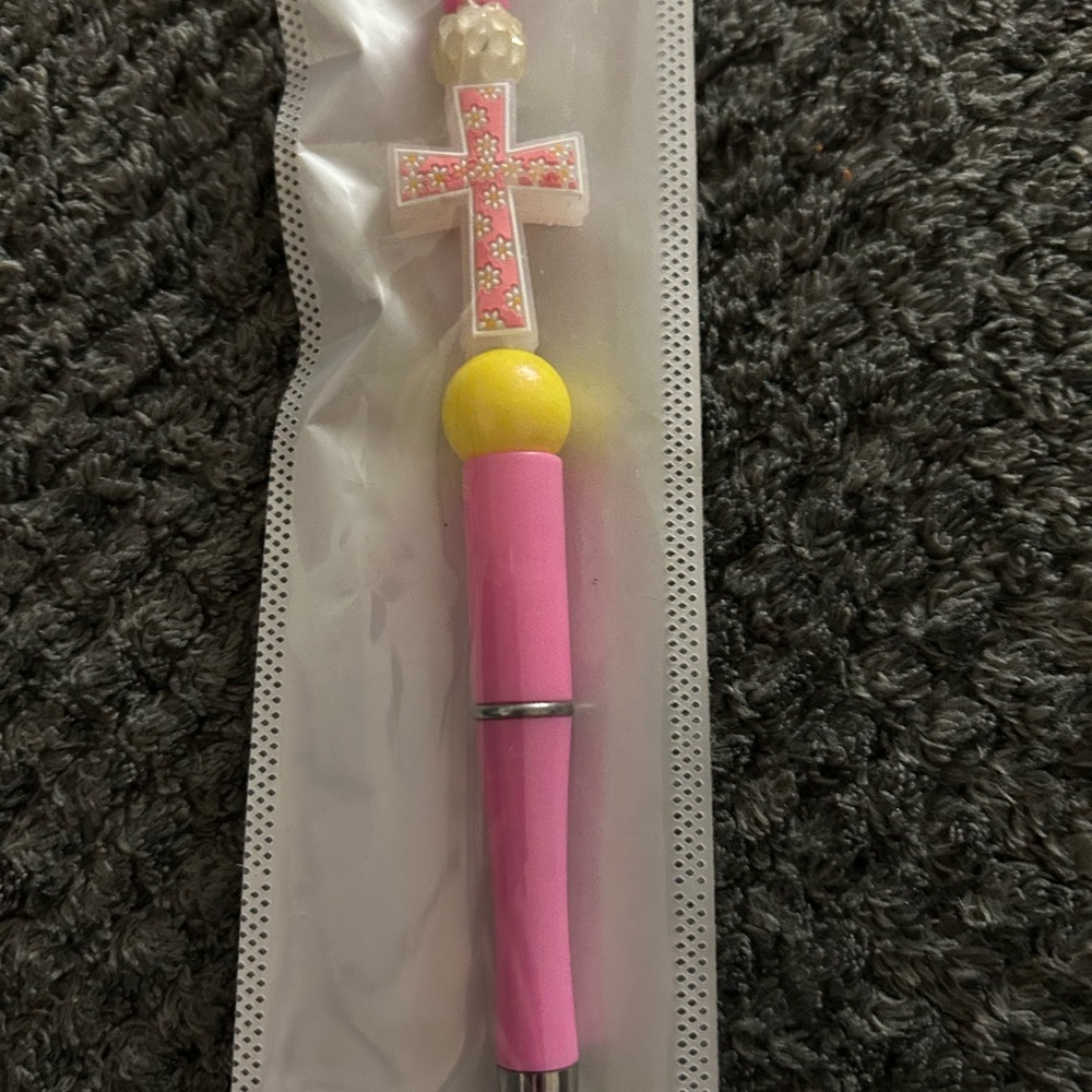 Hand Crafted Pink and Yellow Cross Charm Pen